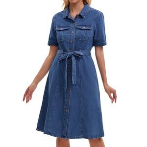 Women's Denim Dress Button Down Short Sleeve Belted Jean Shirt Dress Blue